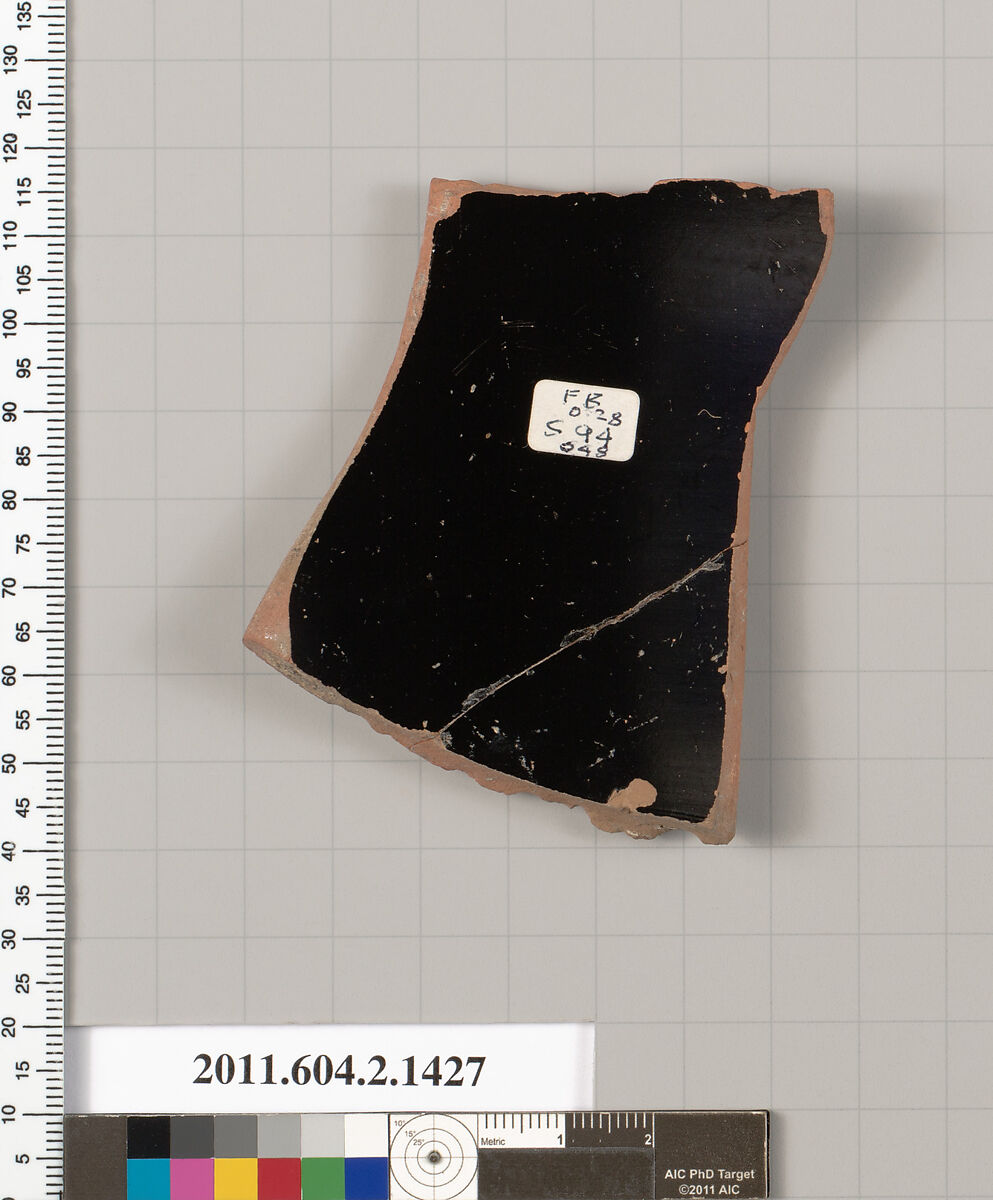 Terracotta fragment of a skyphos (deep drinking cup), Terracotta, Greek, Attic