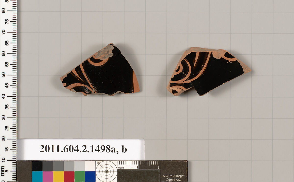 Terracotta fragments of skyphoi (deep drinking cups), Terracotta, Greek, Attic 