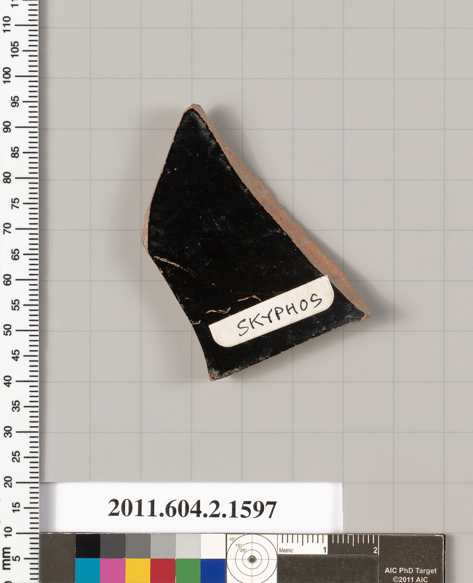 Terracotta fragment of a skyphos (deep drinking cup), Terracotta, Greek, Attic