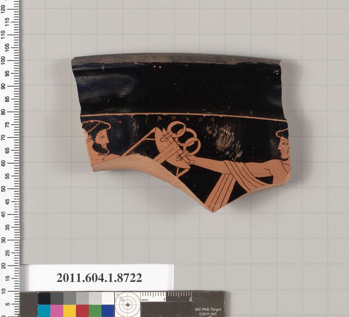 Terracotta rim fragment of a kylix (drinking cup), Terracotta, Greek, Attic 