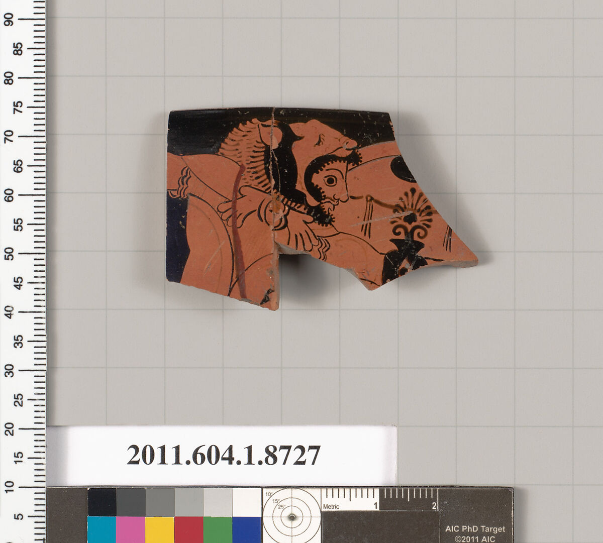 Terracotta rim fragment of a cup-skyphos (drinking cup), Attributed to the Kleophrades Painter [DvB], Terracotta, Greek, Attic 