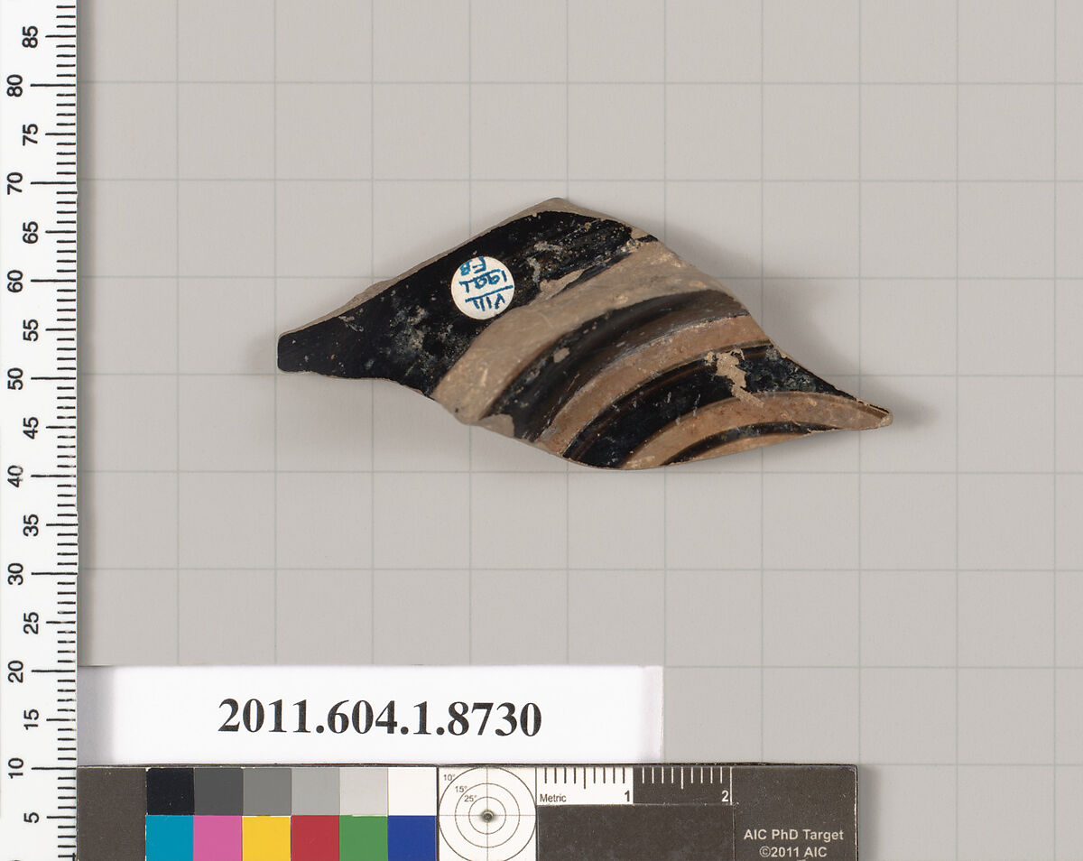 Terracotta fragment of a stemless cup, Terracotta, Greek, Attic