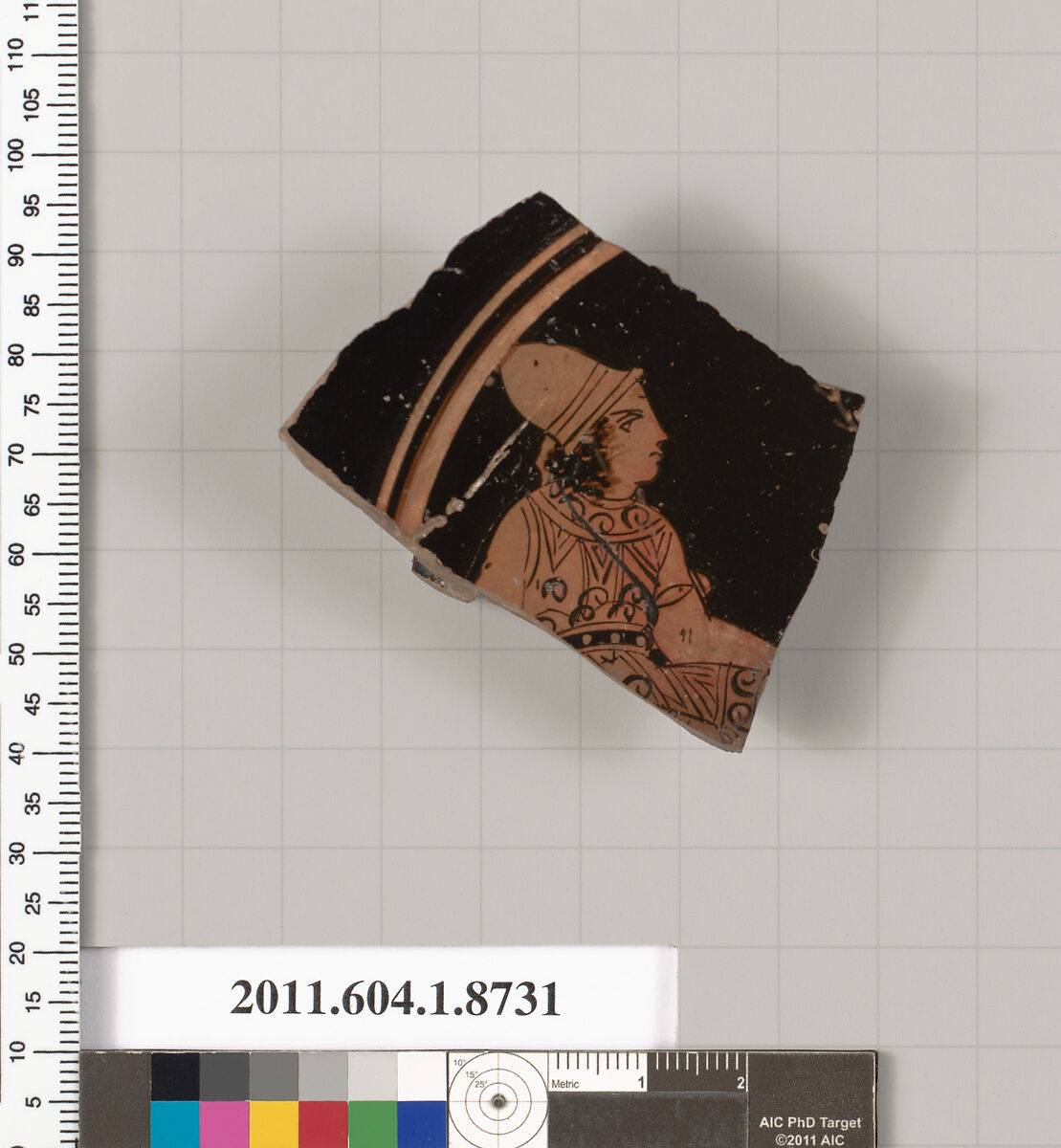 Terracotta fragment of a stemless cup, Terracotta, Greek, Attic 