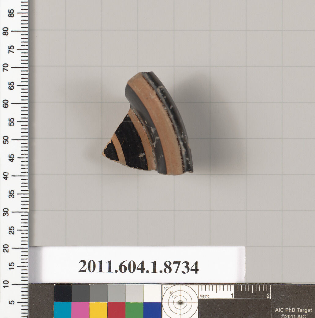 Terracotta fragment of a stemless cup, Terracotta, Greek, Attic