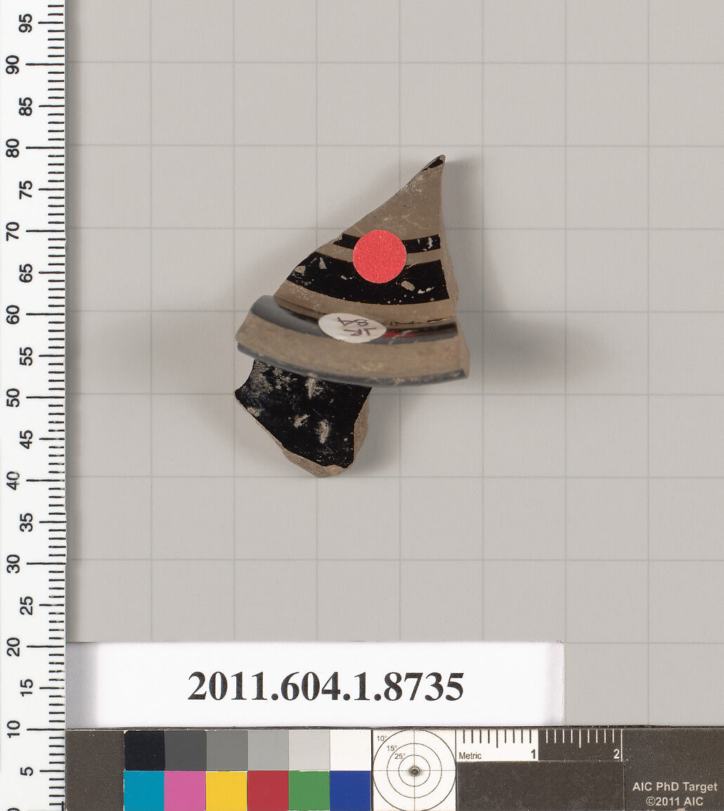 Terracotta fragment of a stemless cup, Terracotta, Greek, Attic