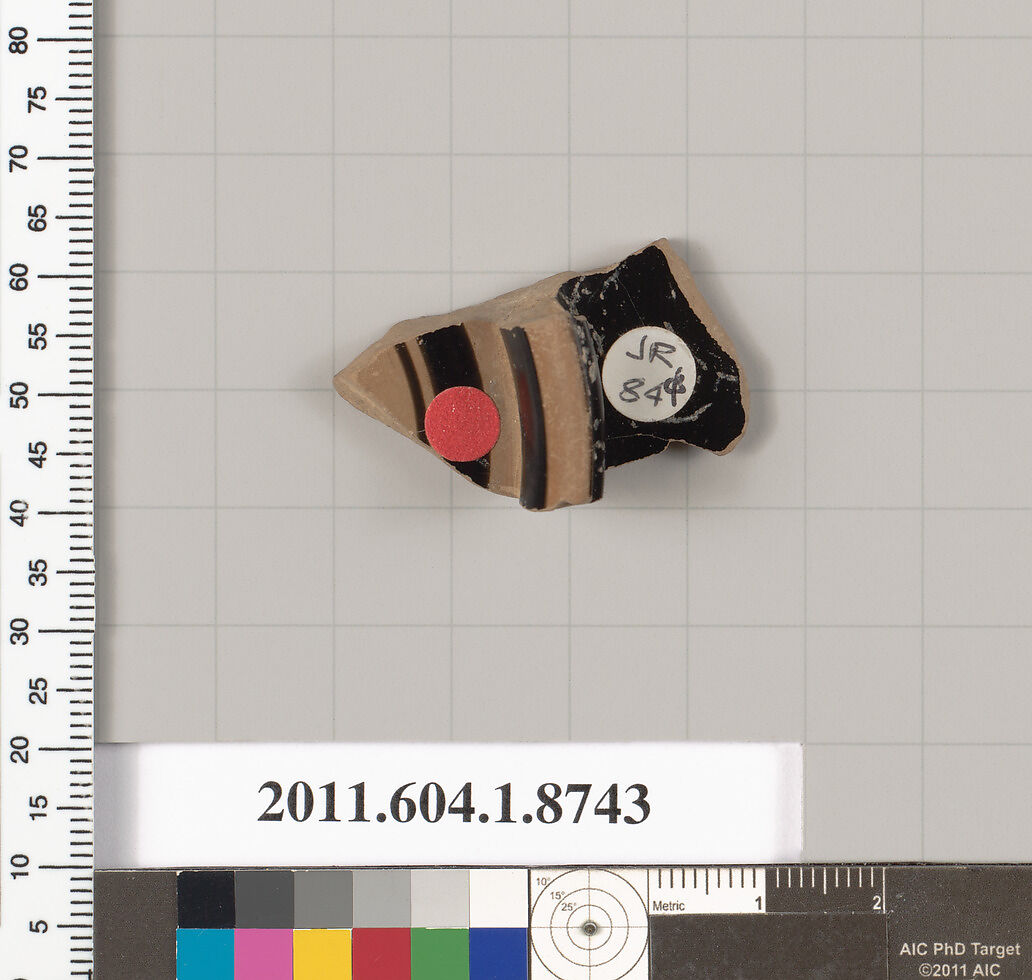 Terracotta fragment of a stemless cup, Terracotta, Greek, Attic