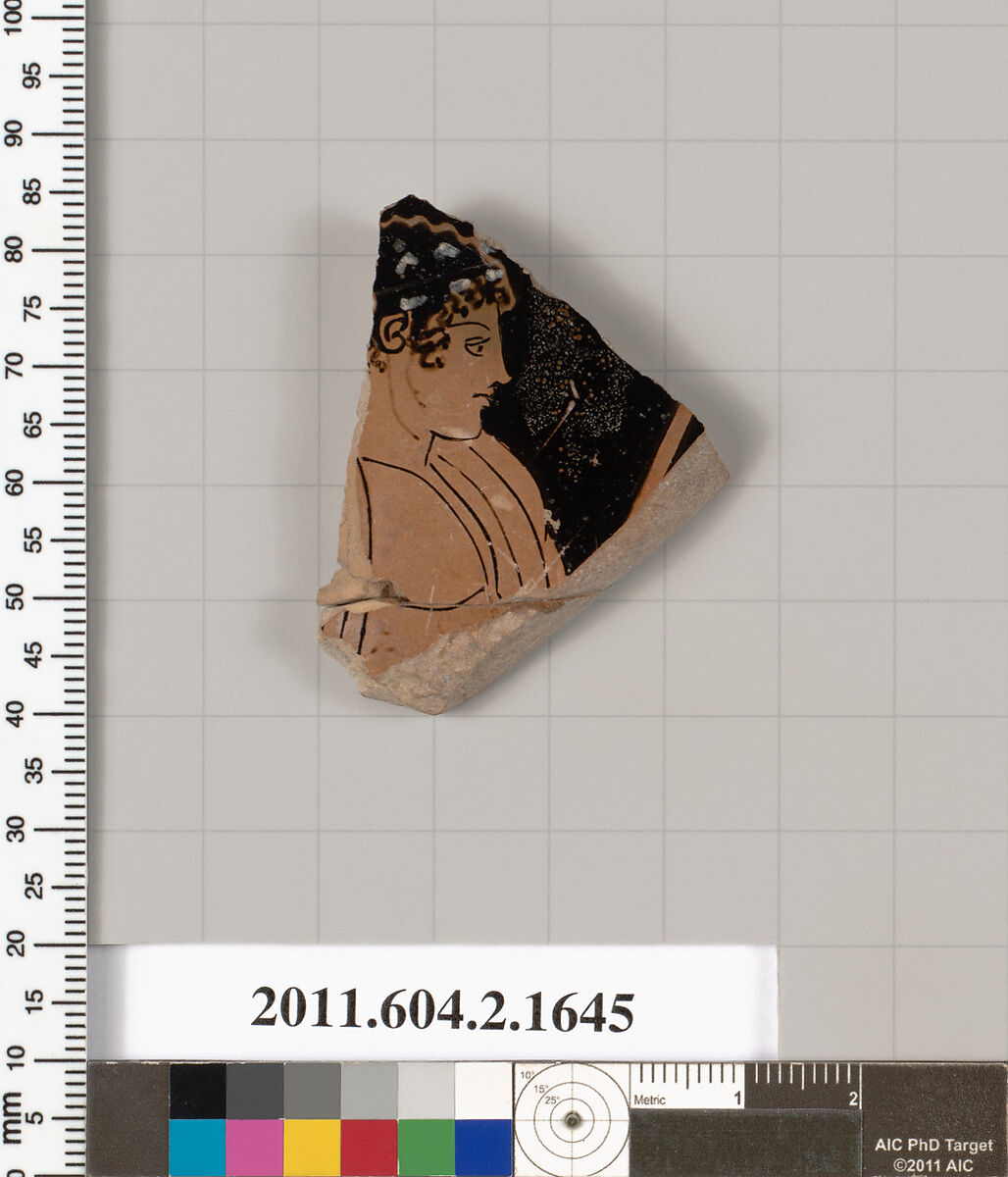 Terracotta fragment of a skyphos (deep drinking cup), Terracotta, Greek, Attic 