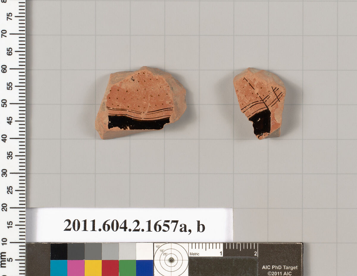 Terracotta fragments of a skyphos (deep drinking cup), Terracotta, Greek, Attic 
