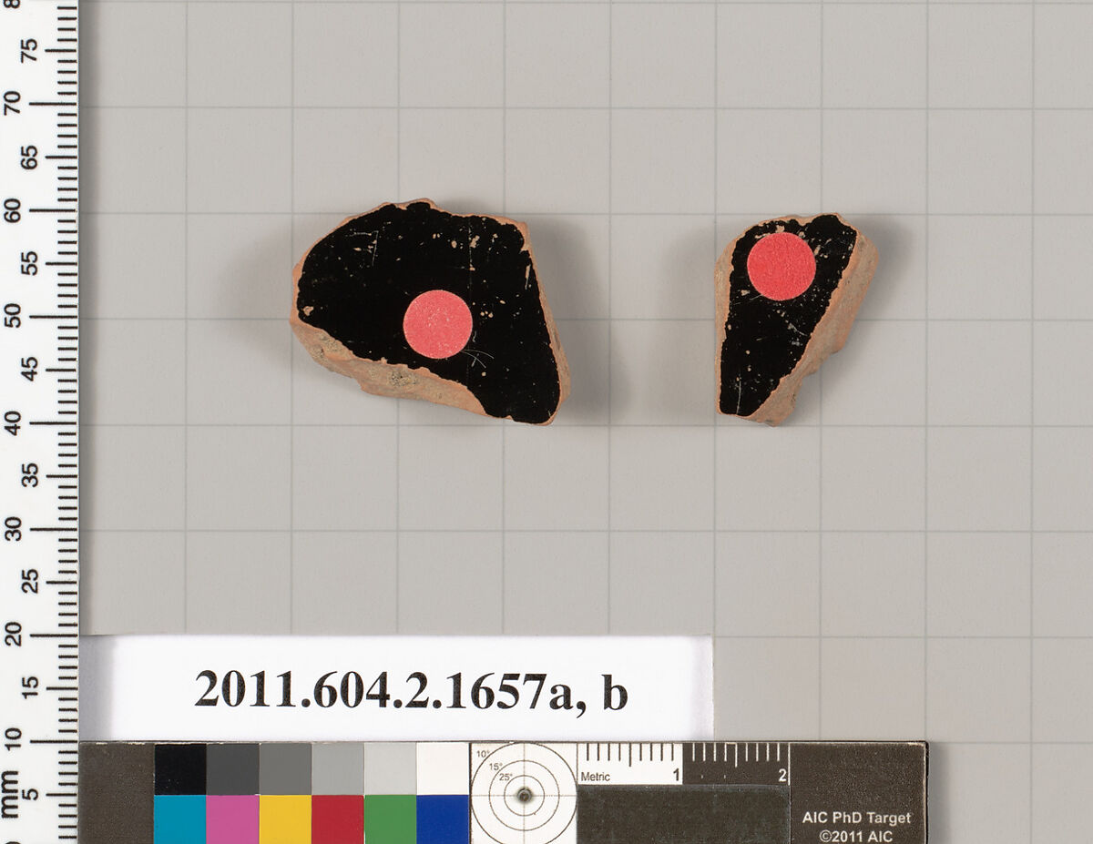 Terracotta fragments of a skyphos (deep drinking cup), Terracotta, Greek, Attic