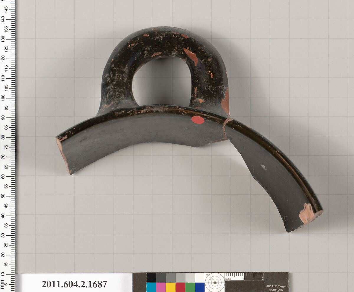 Terracotta fragment of a skyphos (deep drinking cup), Terracotta, Greek, Attic