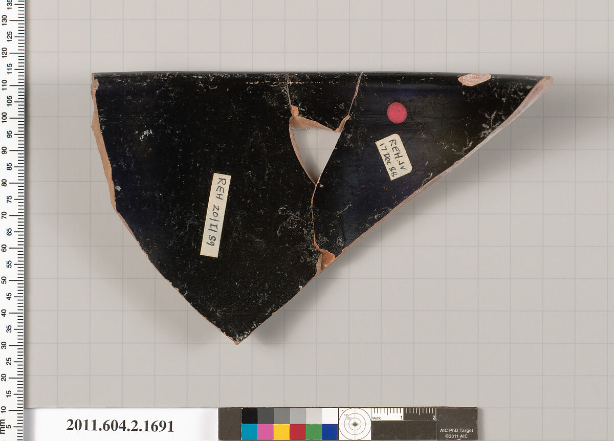 Terracotta fragment of a skyphos (deep drinking cup), Terracotta, Greek, Attic