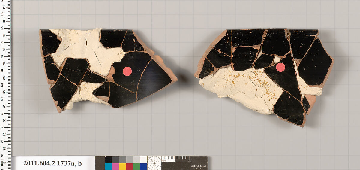 Terracotta fragments of a skyphos (deep drinking cup), Terracotta, Greek, Attic