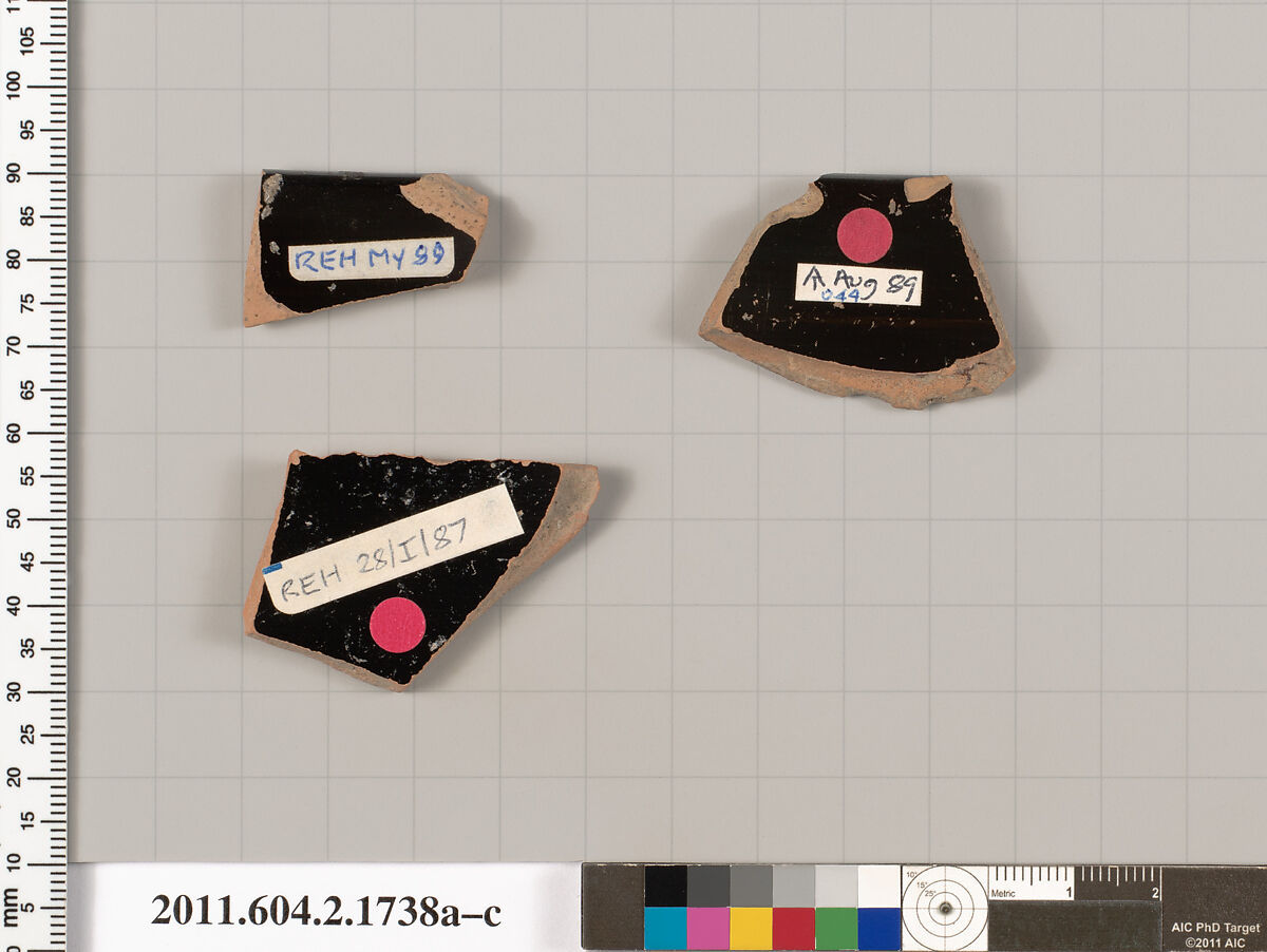 Terracotta fragments of a skyphos (deep drinking cup), Terracotta, Greek, Attic