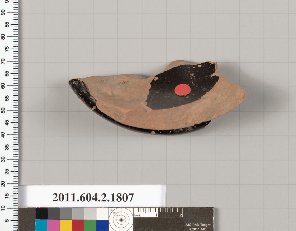 Terracotta fragment of a skyphos (deep drinking cup), Terracotta, Greek, Attic