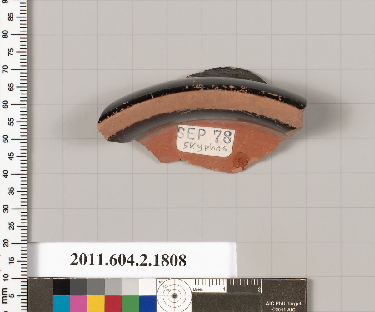 Terracotta fragment of a skyphos (deep drinking cup), Terracotta, Greek, Attic