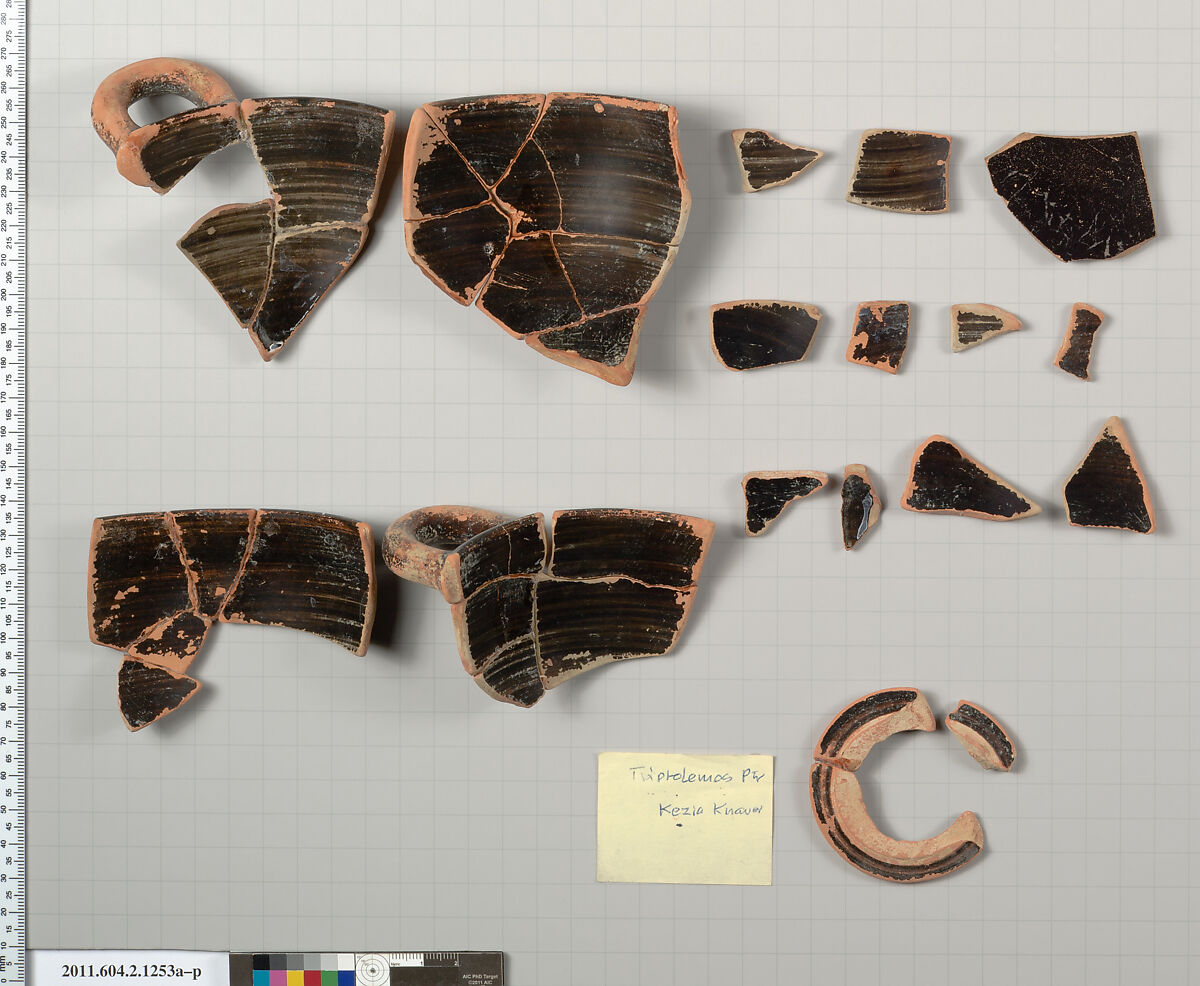 Terracotta fragments of a skyphos (deep drinking cup), Attributed to the Triptolemos Painter [K. Knauer], Terracotta, Greek, Attic