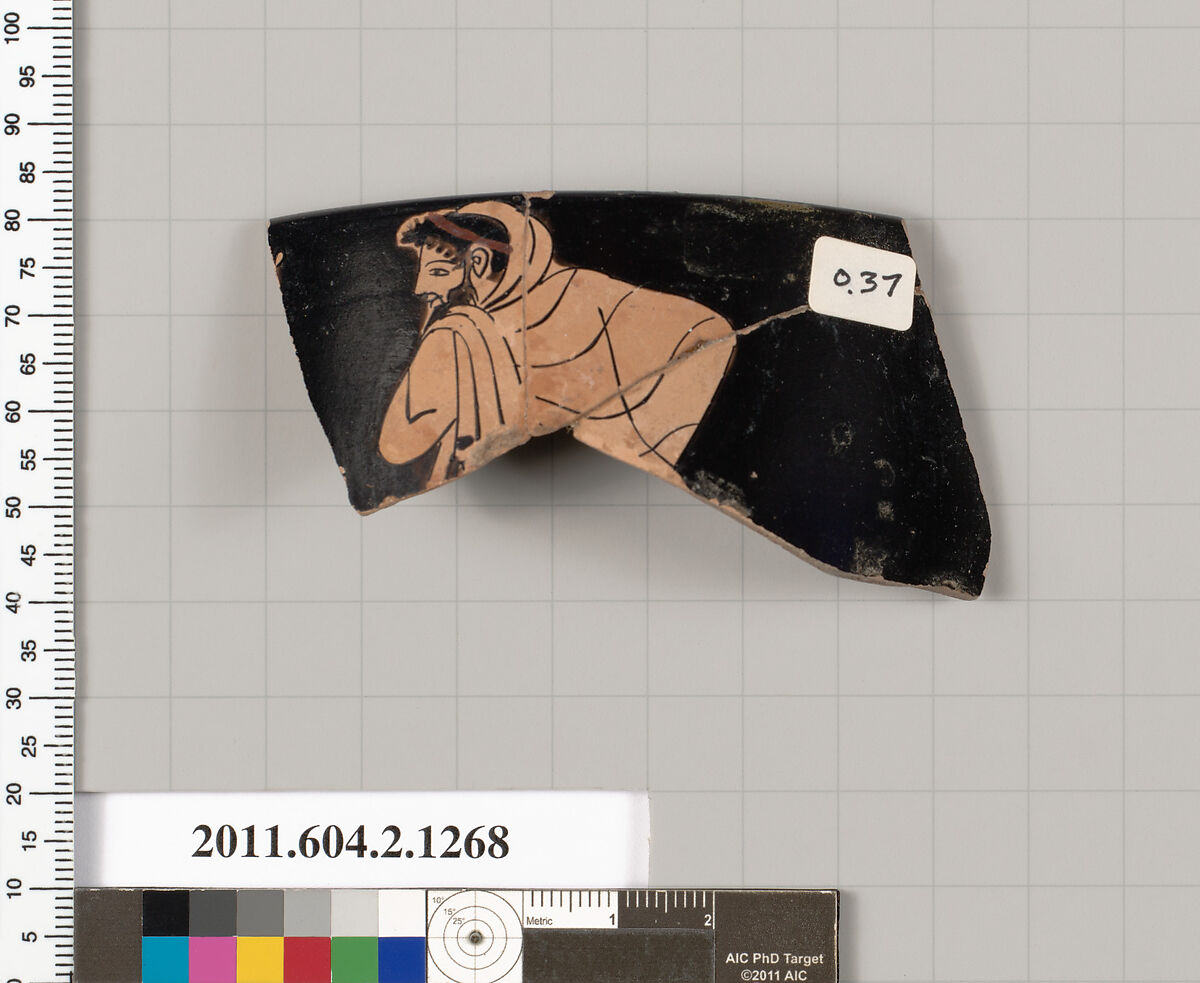 Terracotta rim fragment of a skyphos (deep drinking cup), Attributed to the Triptolemos Painter [Dyfri Williams], Terracotta, Greek, Attic 
