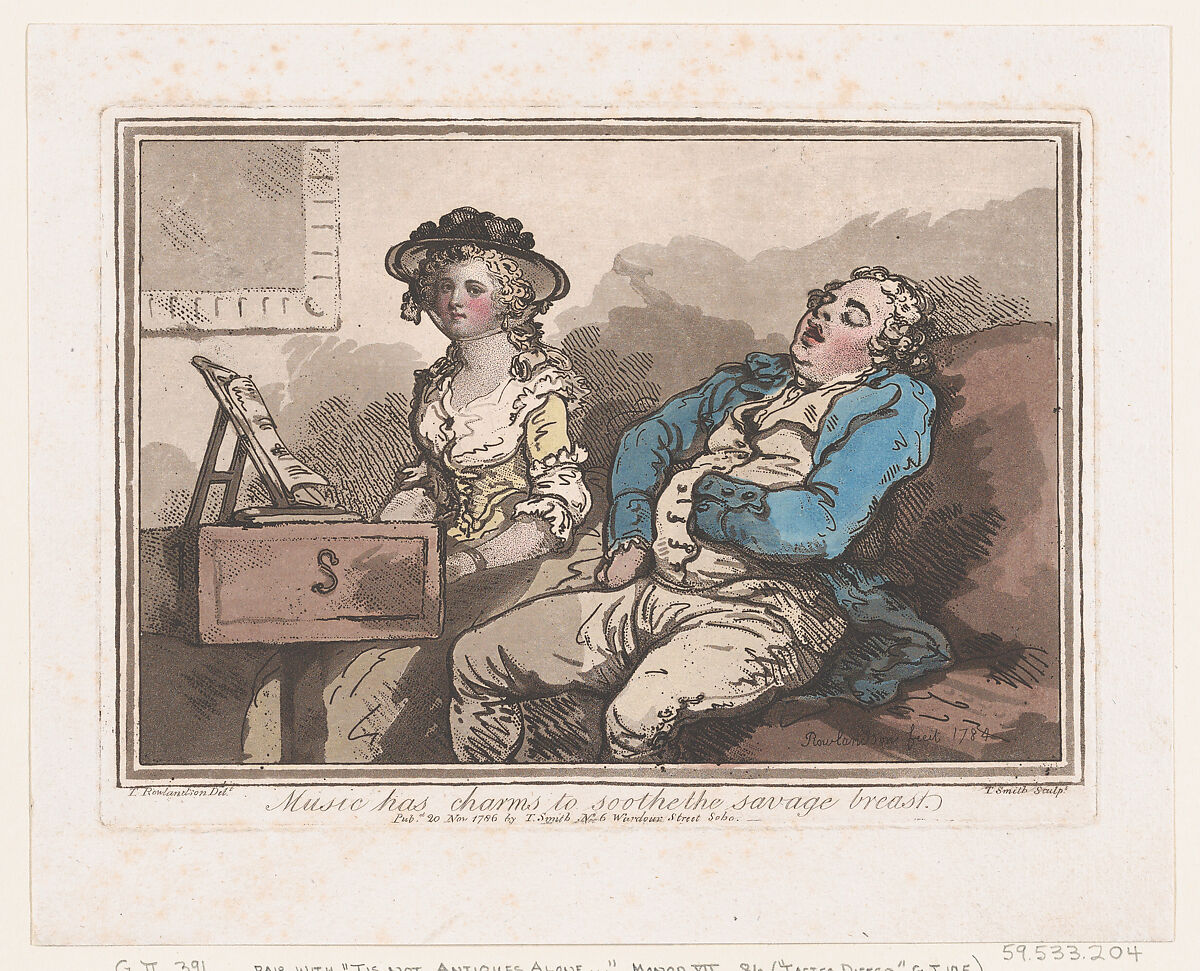 Music Has Charms to Soothe the Savage Breast, T. Smith (British, active London 1785–1800), Hand-colored etching, stipple and aquatint 