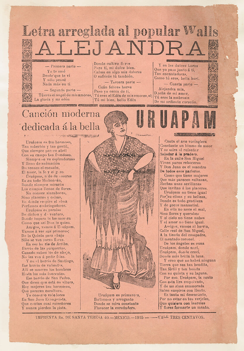 Broadsheet with two narrative love ballads about desirable women, woman wearing a shawl and a skirt with her hands placed on her hips, José Guadalupe Posada (Mexican, Aguascalientes 1852–1913 Mexico City), Type-metal engraving and letterpress on pink paper 