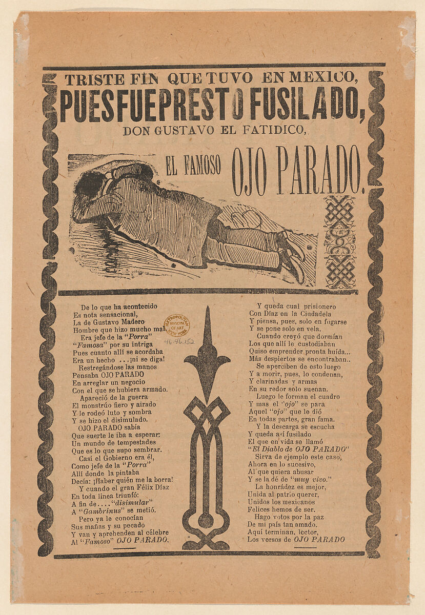 Broadsheet relating to the execution of a prophet named Don Gustavo, man lying face down, José Guadalupe Posada (Mexican, Aguascalientes 1852–1913 Mexico City), Zincograph and letterpress on tan paper 