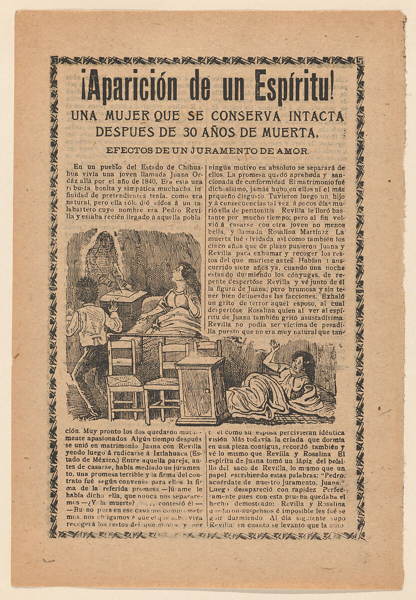 Broadside relating to a news story about an apparition of a spirit, women sitting up in bed looking at a ghost, José Guadalupe Posada (Mexican, Aguascalientes 1852–1913 Mexico City), Zincograph and letterpress on tan paper 