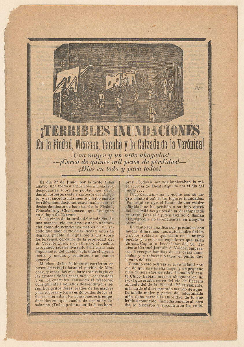 Broadside relating to a news story about floods in multiple cities, villagers wading through water, José Guadalupe Posada (Mexican, Aguascalientes 1852–1913 Mexico City), Type-metal engraving and letterpress on tan paper 