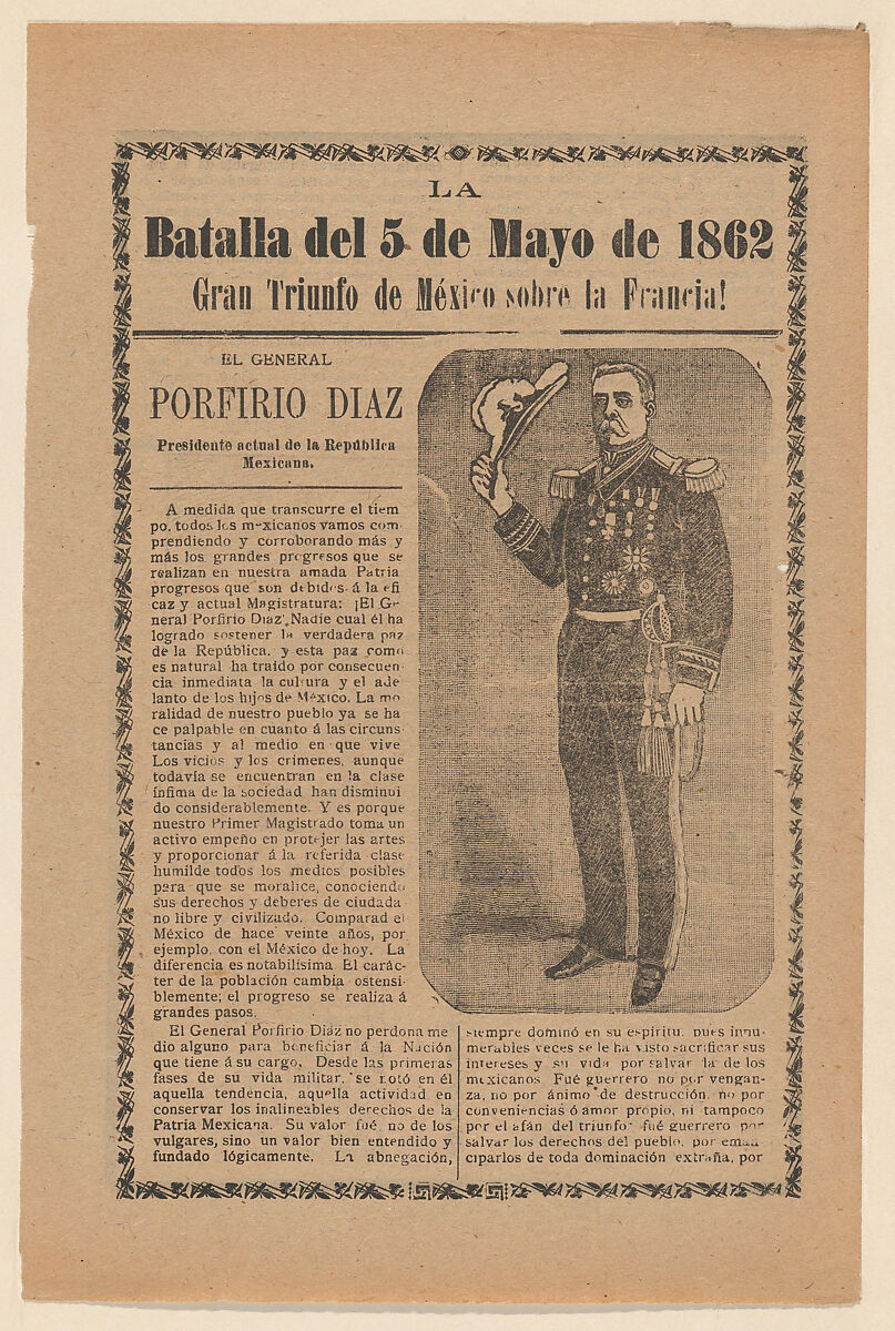 Broadside relating to a news story about the Mexican victory over the French army on May 5, 1862, General Porfirio Diaz in military regalia holding a hat, José Guadalupe Posada (Mexican, Aguascalientes 1852–1913 Mexico City), Type-metal engraving and letterpress on tan paper 
