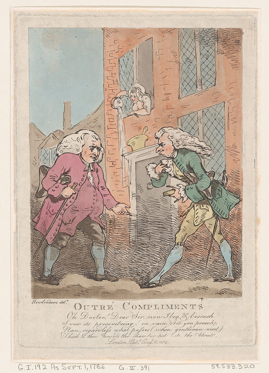 Outré Compliments, Thomas Rowlandson (British, London 1757–1827 London), Hand-colored etching 