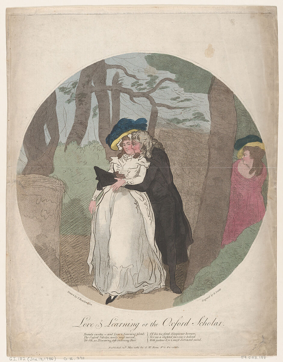 Love and Learning, or the Oxford Scholar, Benjamin Smith (British, active 1786–1833), Hand-colored etching 