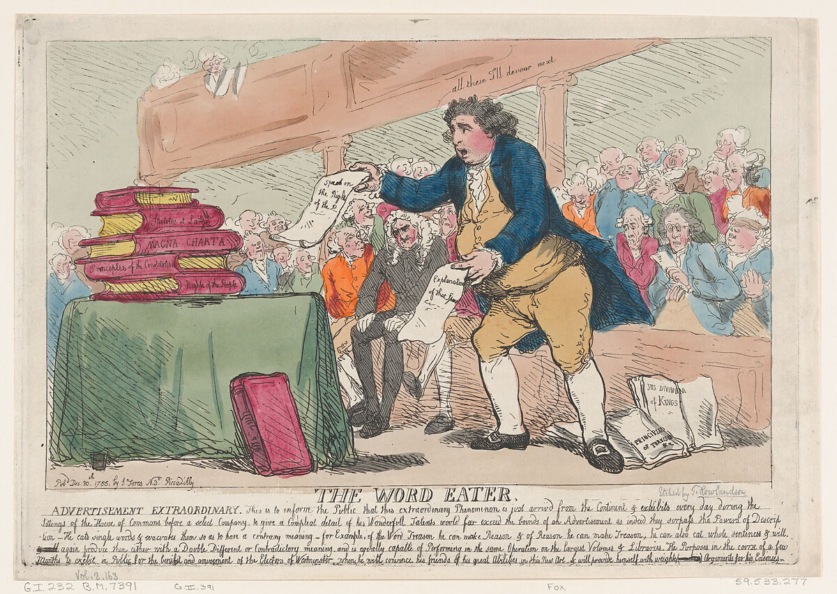 The Word-Eater, Thomas Rowlandson (British, London 1757–1827 London), Hand-colored etching 