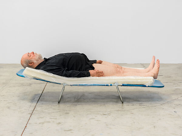 Paul Dreaming, Vertical, Horizontal, Paul McCarthy (American, born 1945), Platinum silicone, clothing, plastic, foam, lawn chair 