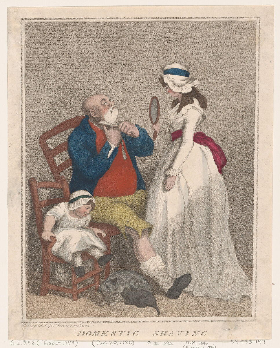 Domestic Shaving, Thomas Rowlandson (British, London 1757–1827 London), Hand-colored stippled etching 