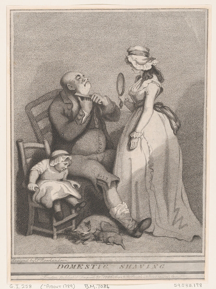 Domestic Shaving, Thomas Rowlandson (British, London 1757–1827 London), Stippled etching 