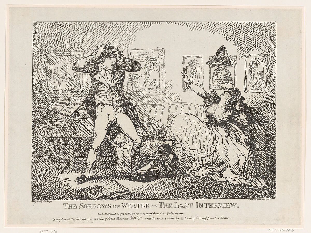 The Sorrows of Werter–The Last Interview, Thomas Rowlandson (British, London 1757–1827 London), Etching 