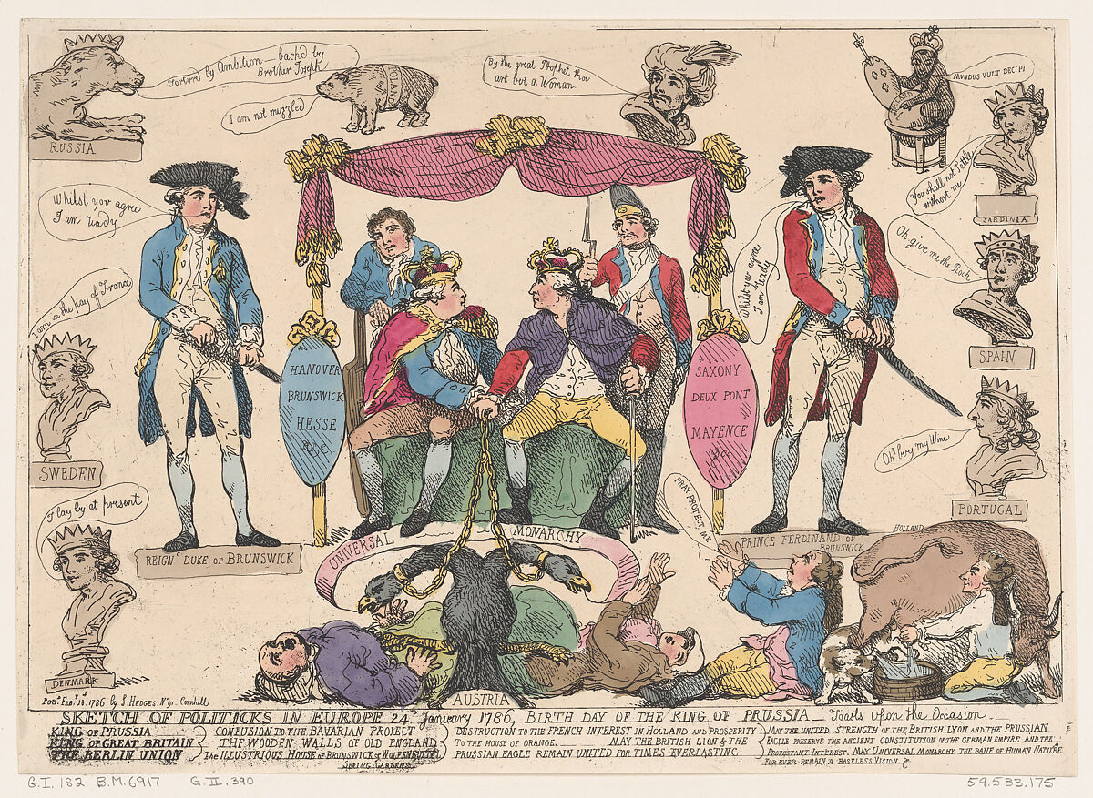 Sketch of Politicks in Europe, Birthday of the King of Prussia, Thomas Rowlandson (British, London 1757–1827 London), Hand-colored etching 
