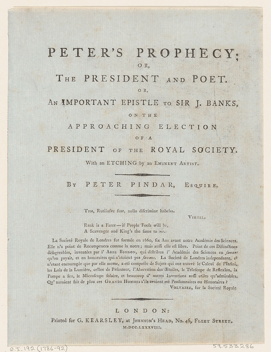 Frontispiece, from Peter's Prophecy, or The President and Poet, by Peter Pindar, Esq., George Kearsley (London), Letterpress 
