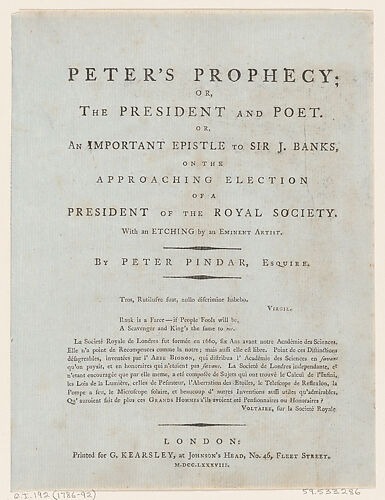 Frontispiece, from Peter's Prophecy, or The President and Poet, by Peter Pindar, Esq.