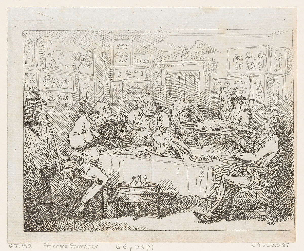 Sir Joseph Banks about to Eat an Alligator (‘The Fish Supper’), Thomas Rowlandson (British, London 1757–1827 London), Etching 