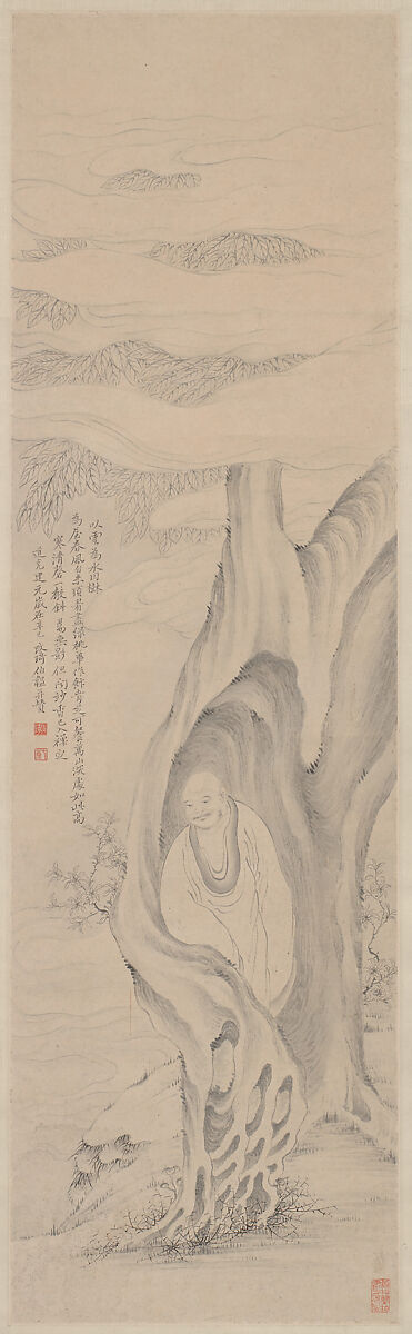 Luohan Meditating in a Tree, Gai Qi (Chinese, 1773–1828), Hanging scroll; ink on paper, China 
