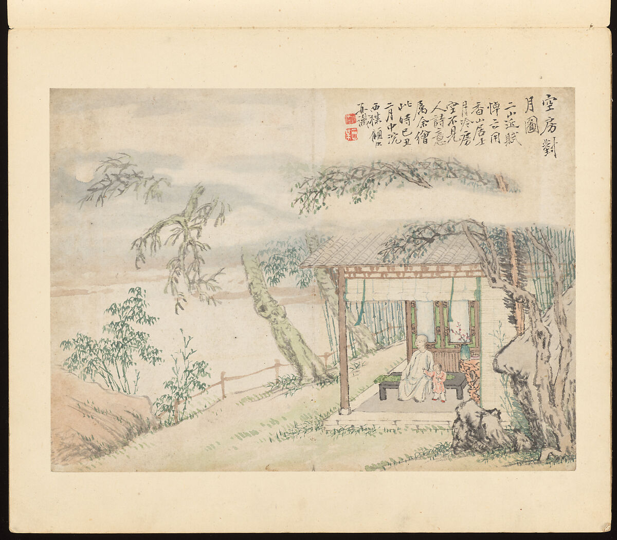 Viewing the Moon in an Empty Room, Gu Luo (Chinese, 1763–after 1837), Album leaf; ink and color on paper, China