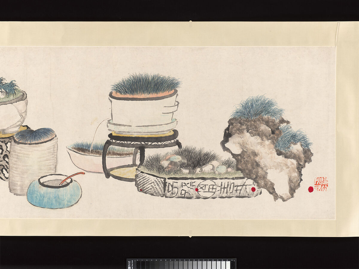 Pots, Rocks and Plants, Guo Zongyi (Chinese, 1875–1908), Handscroll; ink and color on paper, China