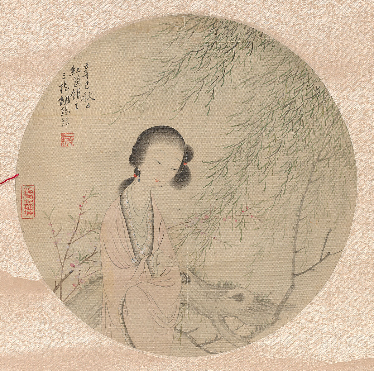 Beautiful lady, Hu Xigui (Chinese, 1839–1883), Fan mounted as a hanging scroll; ink and color on silk, China