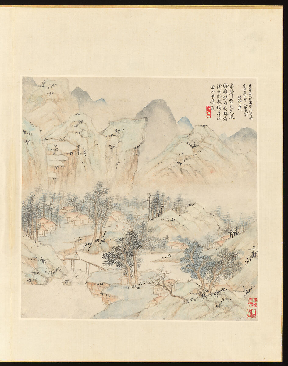 Evening Bell from a Mist-Enshrouded Temple, from Eight Views of Xiao and Xiang, Liu Yanchong (Chinese, 1808–1847), Album of eight leaves; ink and color on paper, China