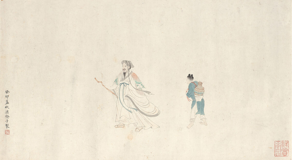 Two figures after Qiu Ying, Liu Yanchong (Chinese, 1808–1847), Handscroll; ink and color on paper, China 