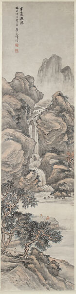 Waterfall on a Cold Cliff, Lu Hui (Chinese, 1851–1920), Hanging scroll; ink and color on paper, China 