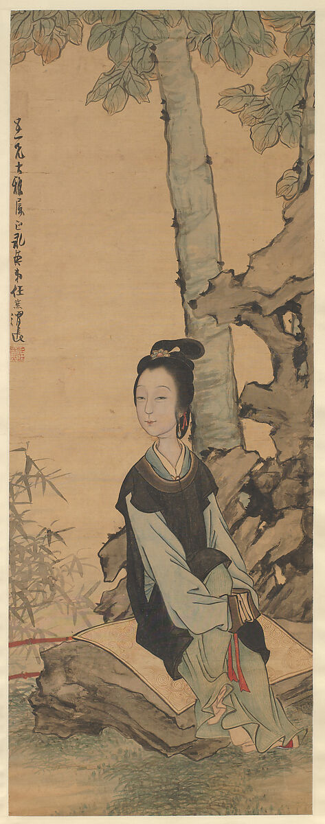 Woman in a garden, Attributed to Ren Xiong (Chinese, 1823–1857), Hanging scroll; ink and color on silk, China 
