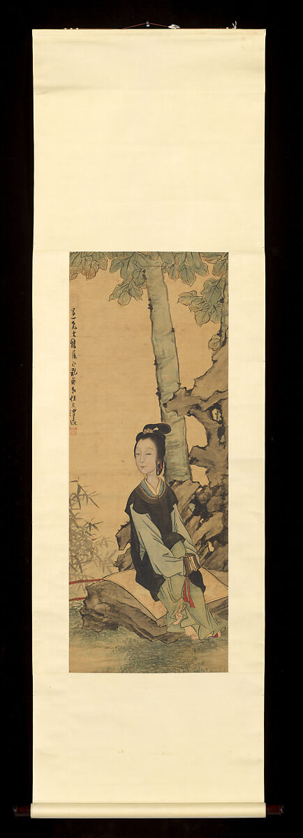 Woman in a garden, Attributed to Ren Xiong (Chinese, 1823–1857), Hanging scroll; ink and color on silk, China