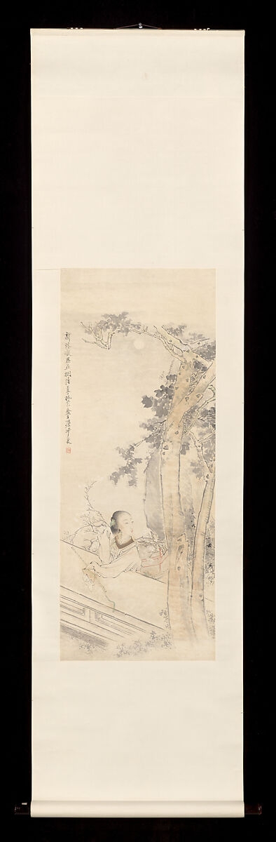 Woman lost in thought beneath a wutong tree, Sha Fu (Chinese, 1831–1906), Hanging scroll; ink and color on paper, China