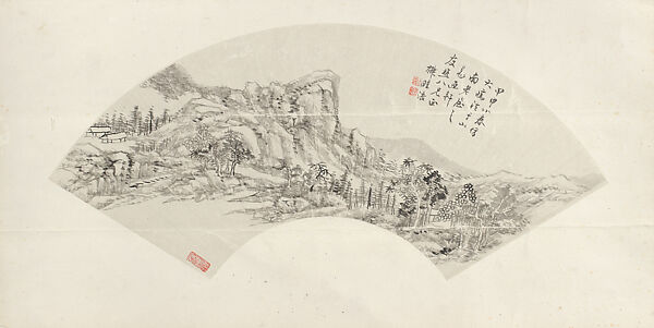 Landscape, Wang Xuehao (Chinese, 1754–1832), Folding fan mounted as an album leaf; ink on paper, China 
