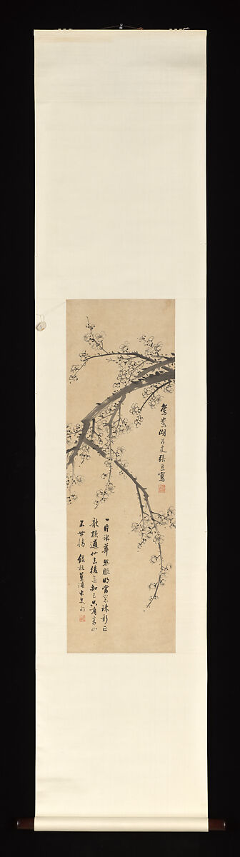 Plum blossoms, Zhang Xiong (Chinese, 1803–1886), Hanging scroll; ink on paper, China